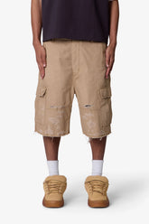 Baggy Distressed Cargo Shorts - Washed Khaki