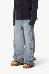 Ultra Baggy Offset Button Denim - Medium Blue