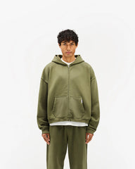 Initial Boxy Zip Through Hoodie - Army Green
