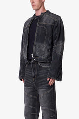 Paneled Moto Denim Jacket - Washed Black