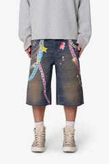 Ultra Baggy Chain Printed Denim Shorts - Blue