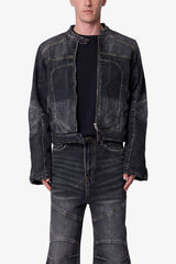 Paneled Moto Denim Jacket - Washed Black