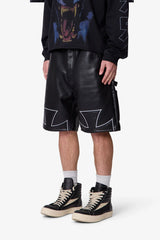 Baggy Iron Cross Leather Shorts - Black
