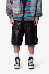 Baggy Leather Cargo Shorts - Black
