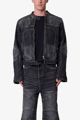 Paneled Moto Denim Jacket - Washed Black