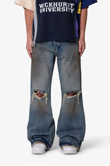 Distressed Kick Flare Denim - Washed Blue