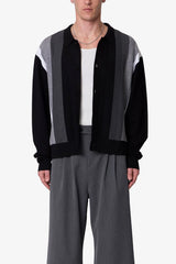 Striped Collared Cardigan Sweater - Black