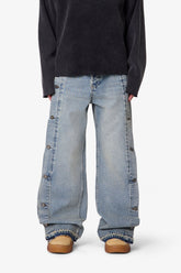 Ultra Baggy Offset Button Denim - Medium Blue