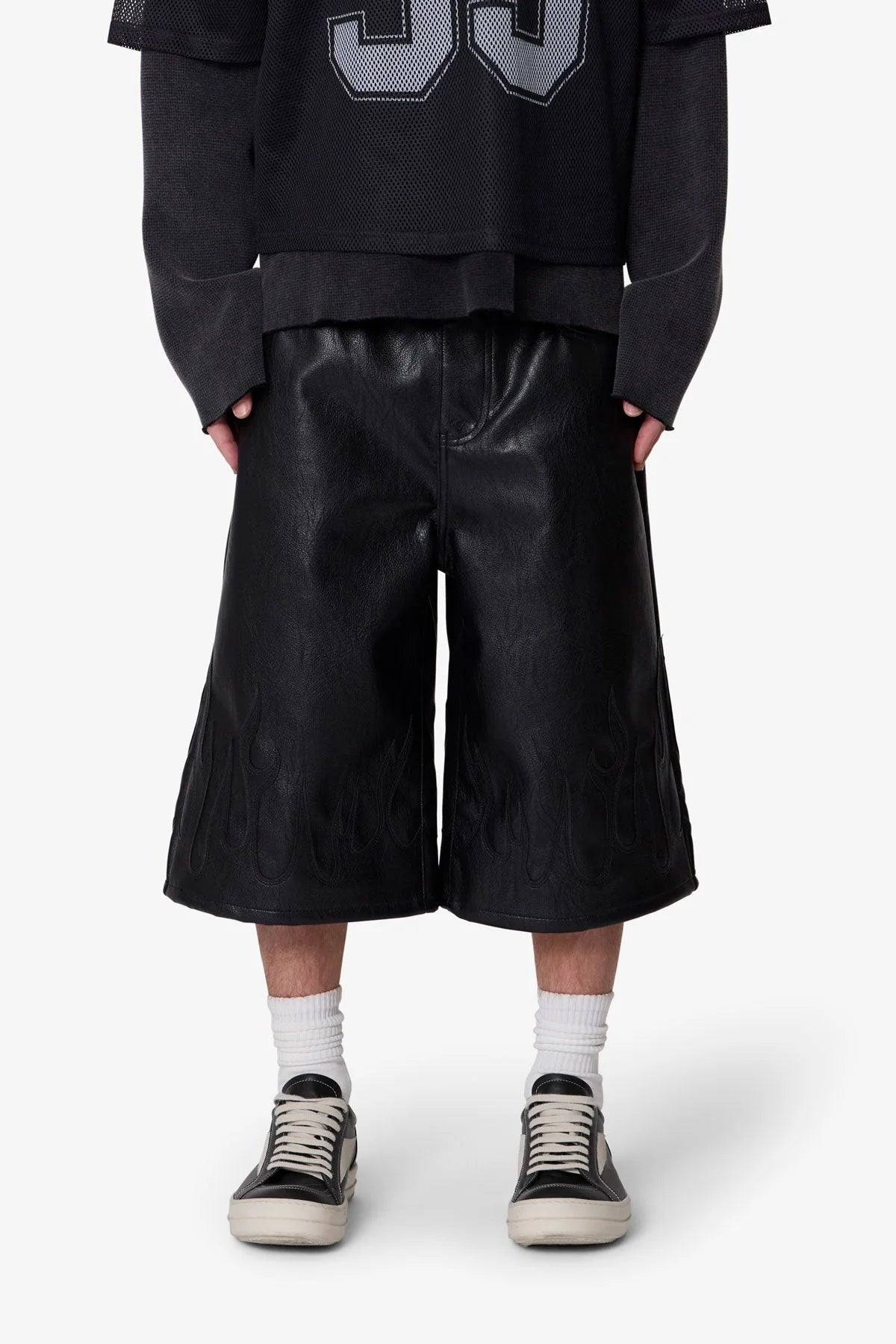 Ultra Baggy Leather Flame Shorts - Black