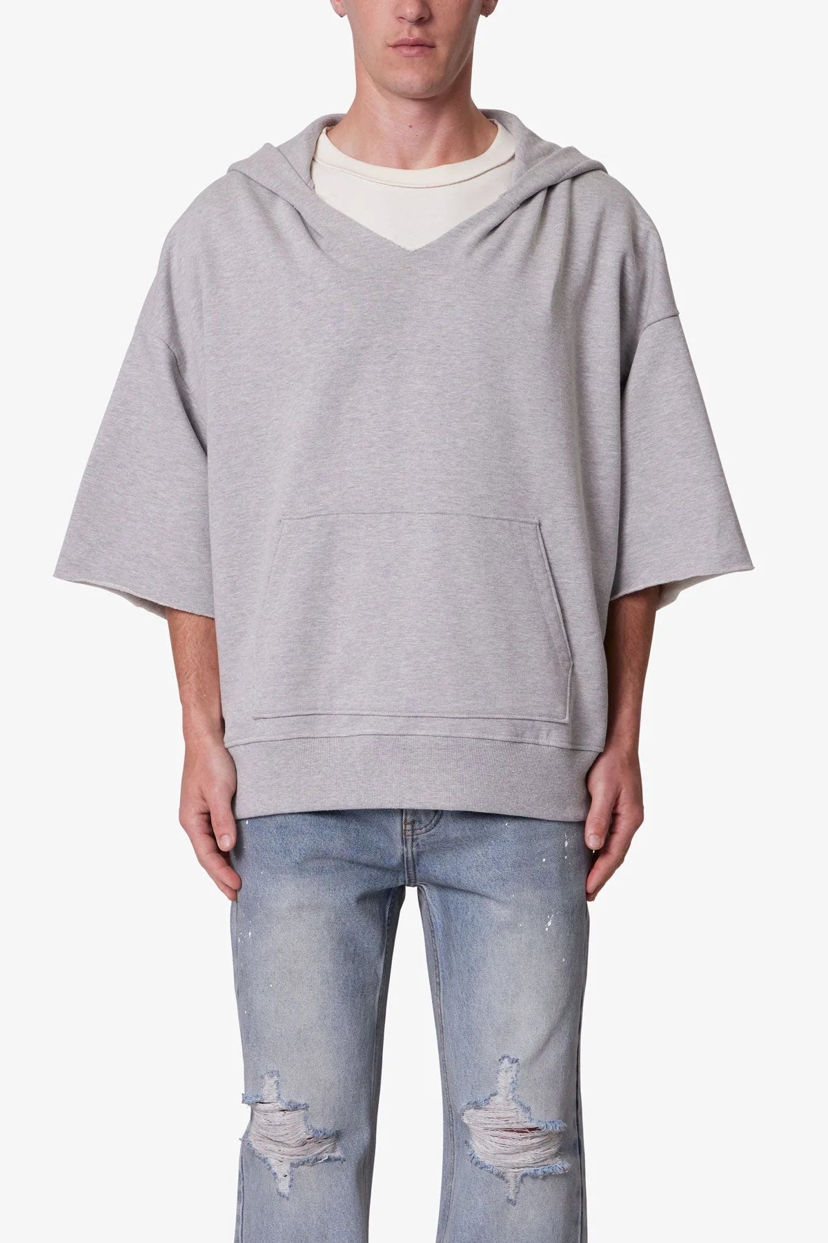 Hooded 3/4 Sleeve Rag Sweater - Grey