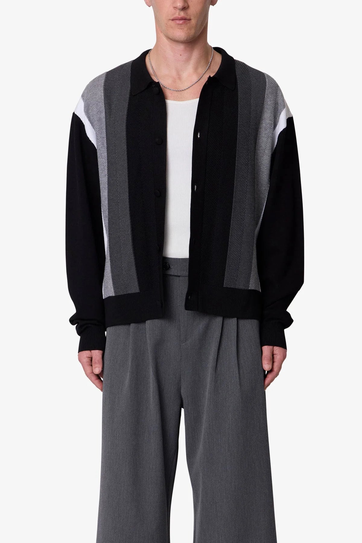 Striped Collared Cardigan Sweater - Black