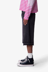 Ultra Baggy Raw Hem Denim Shorts - Washed Black