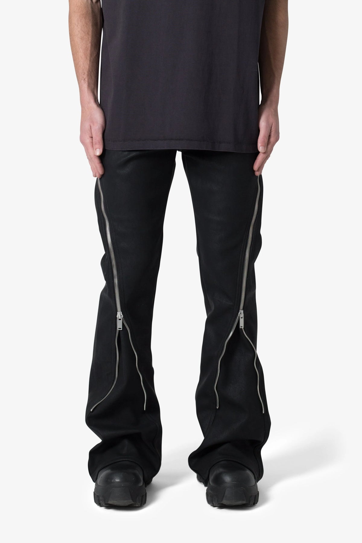 D519 Leather Zipper Flare Pants - Black