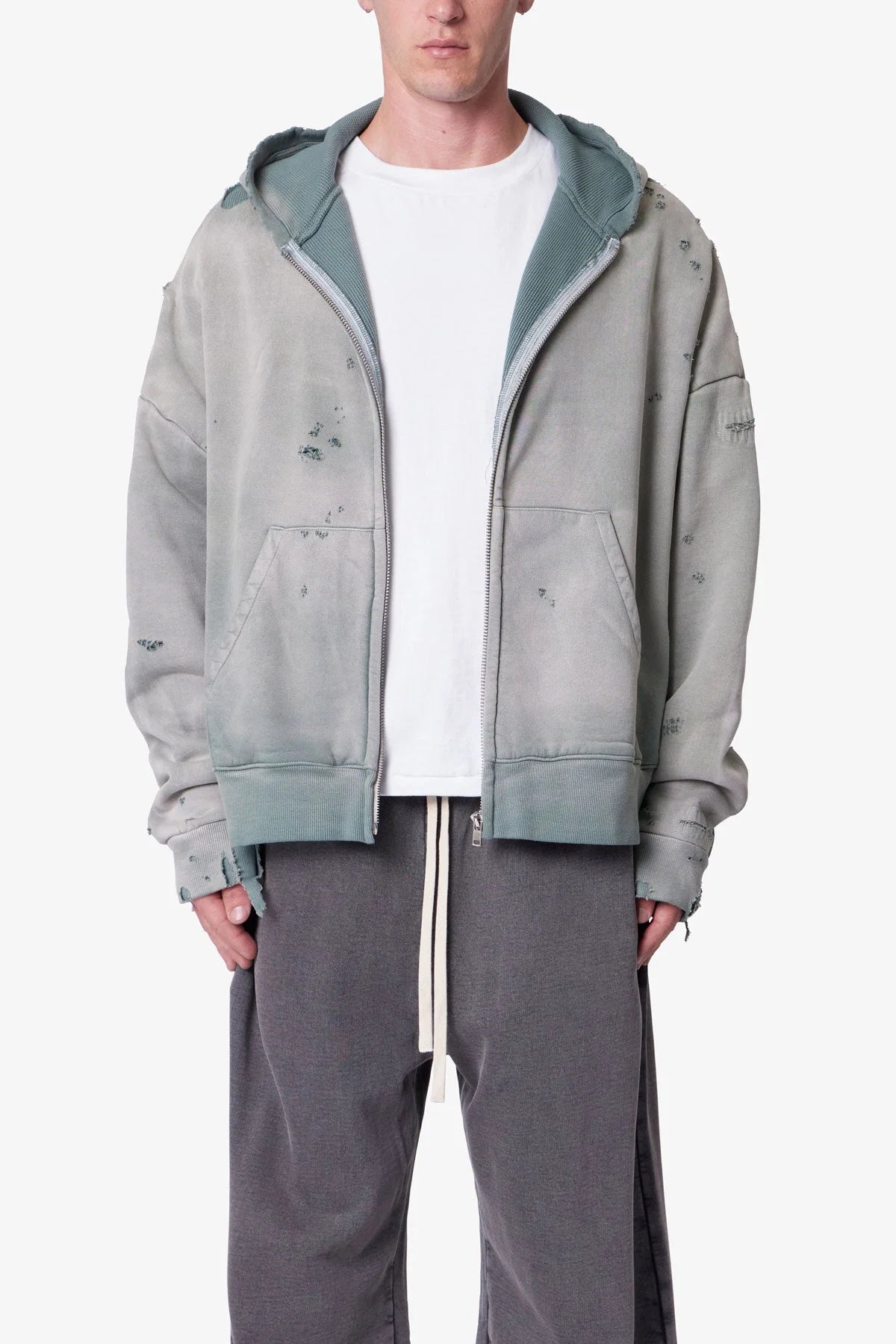 Distressed Thermal Lined Hoodie - Green