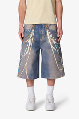 Ultra Baggy Chain Printed Denim Shorts - Light Blue