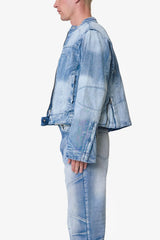 Paneled Moto Denim Jacket - Washed Blue