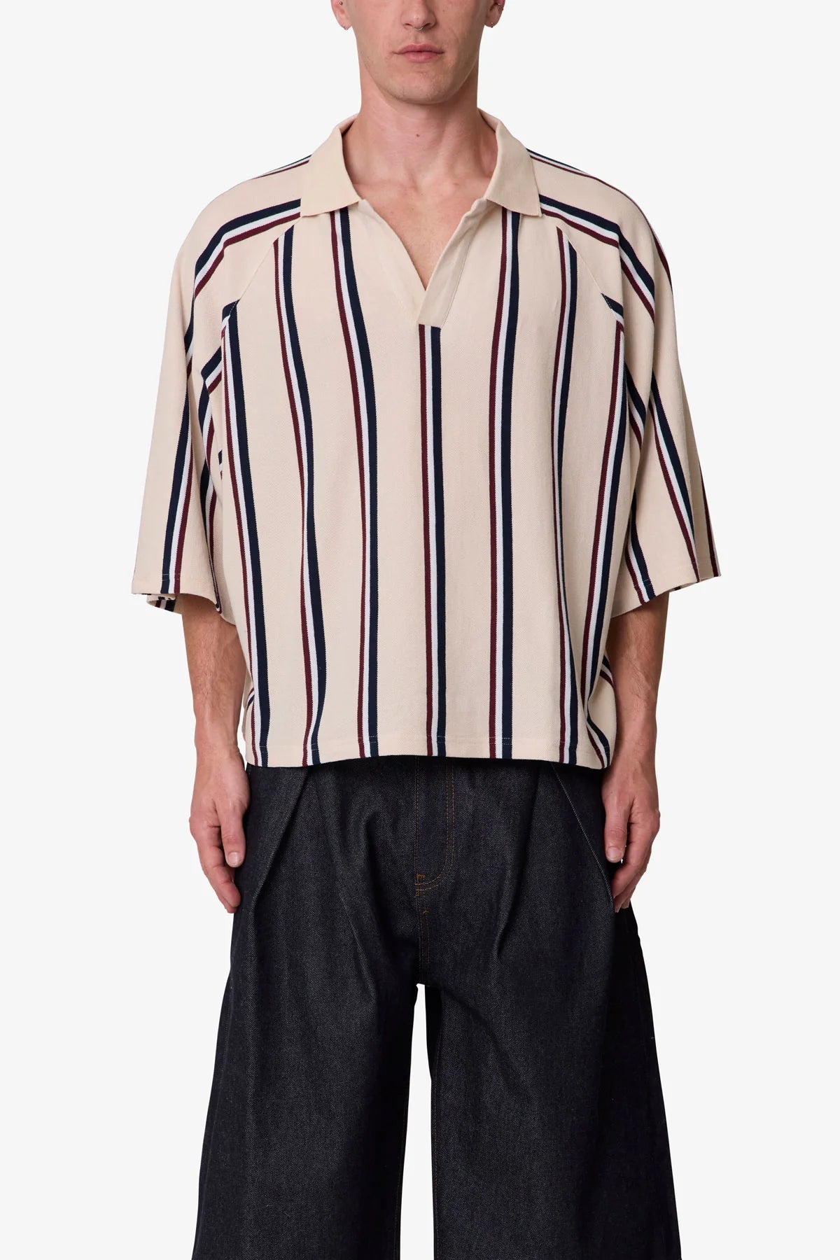 Wide Striped S/S Polo Shirt - Navy/Natural/Red