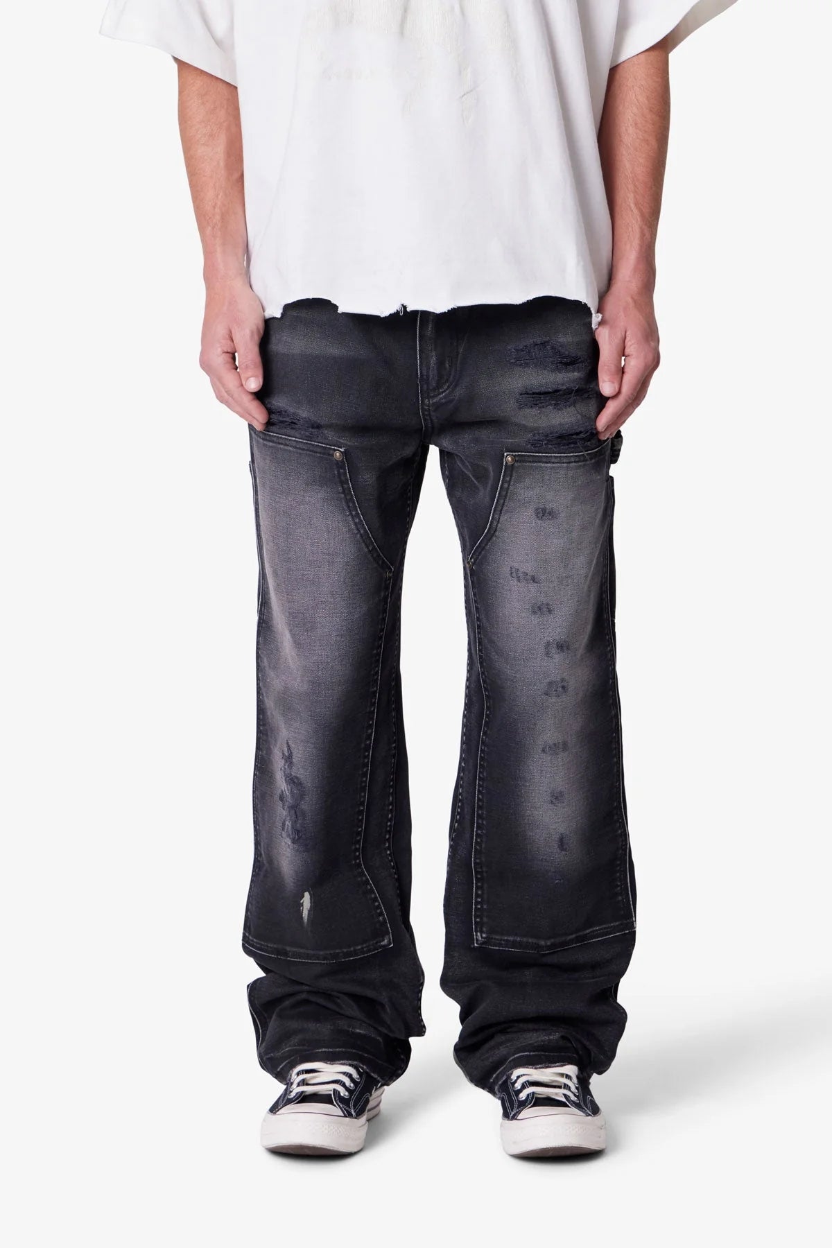 Faded Distressed Carpenter Pants - Black