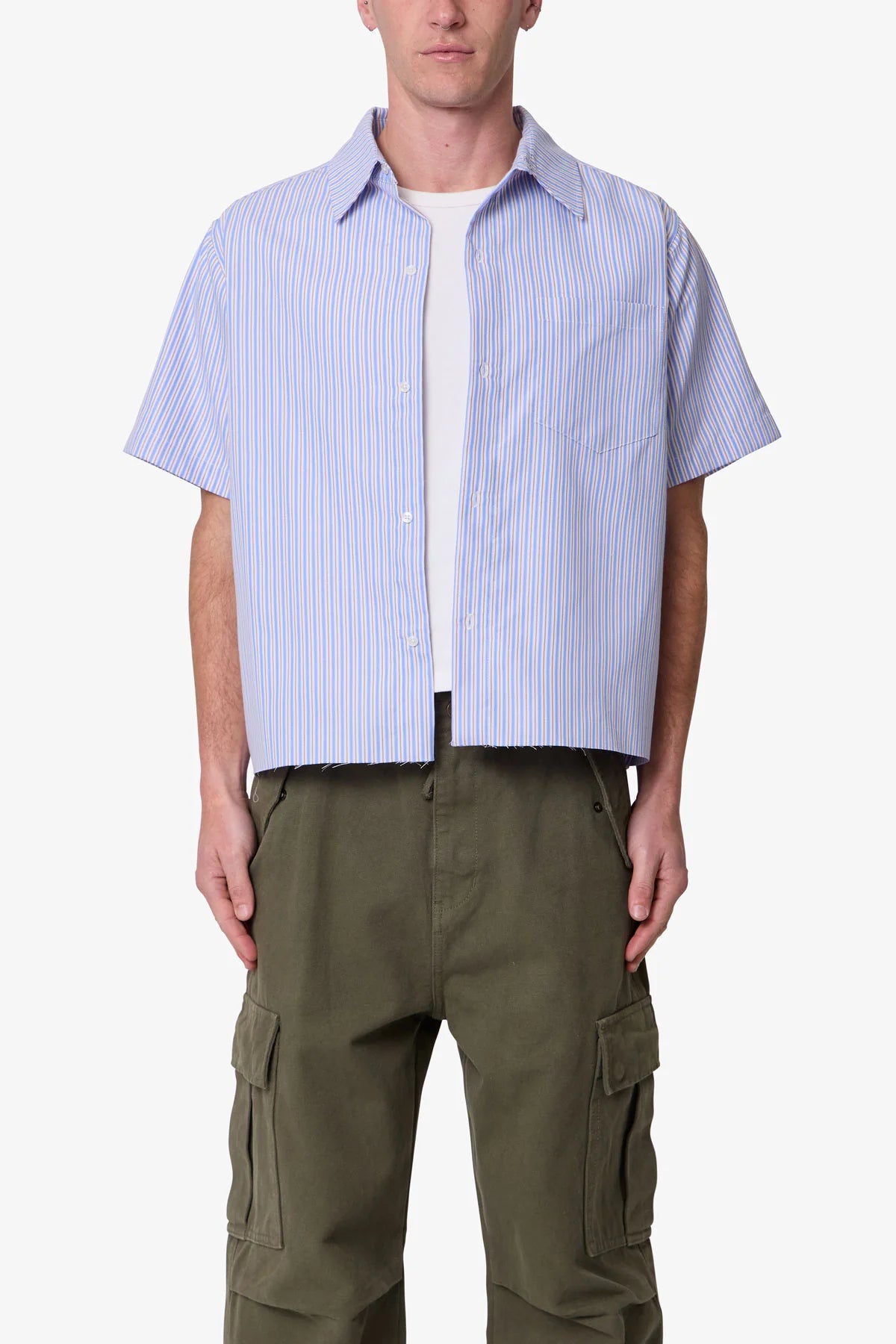 Striped Poplin Cropped S/S Shirt - Blue